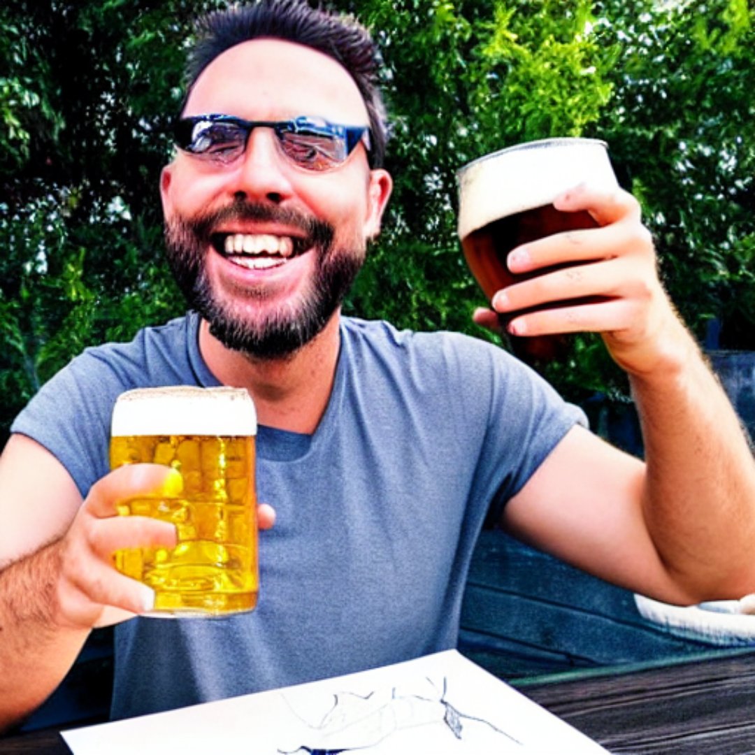 CultoPy's tweet photo. Le pedimos a una #InteligenciaArtificial que nos cree imágenes de personas disfrutando una #cerveza, estos son los resultados:

En la opción 1 generó a alguien con una linda expresión de "por fin salí del trabajo y por eso me voy a tomar una rubia y una oscura al mismo tiempo. https://t.co/U9sBD9g1kF