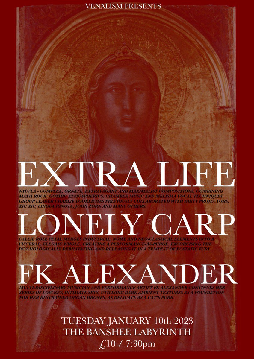 I am very excited to announce that I am playing a show with <a href="/charlielooker/">Charlie Looker</a> (Extra Life) and <a href="/fkalexander/">FKAlexander</a> happening in Edinburgh’s gothiest venue (<a href="/B_Labyrinth/">The BansheeLabyrinth</a>) at the start of 2023 ⛓

[thank you Andy of Venalism for writing the most gorgeous description of my work ever]