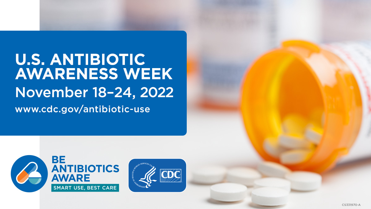Today is the beginning of US Antibiotic Awareness Week! #USAAW22 is an annual observance to raise awareness of the public health threat of antibiotic resistance and &amp; importance of appropriate antibiotic use. Learn more from <a href="/CDCgov/">CDC</a>: bit.ly/3DwxD3Y #BeAntibioticsAware