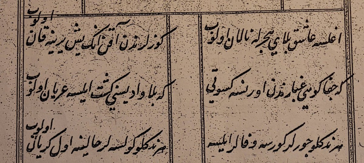 Ağlasa 'âşık belâ-yı hecr ile nâlân olup
Gözlerinden akan anuñ yaş yirine kan olup

Geh cefâ kûhı gubârından urınsa kisveti
Geh belâ vâdisini geşt eylese 'üryân olup

Her ne deñlü cevrler görse vefâlar eylese
Her ne deñlü gülseler hâline ol giryân olup