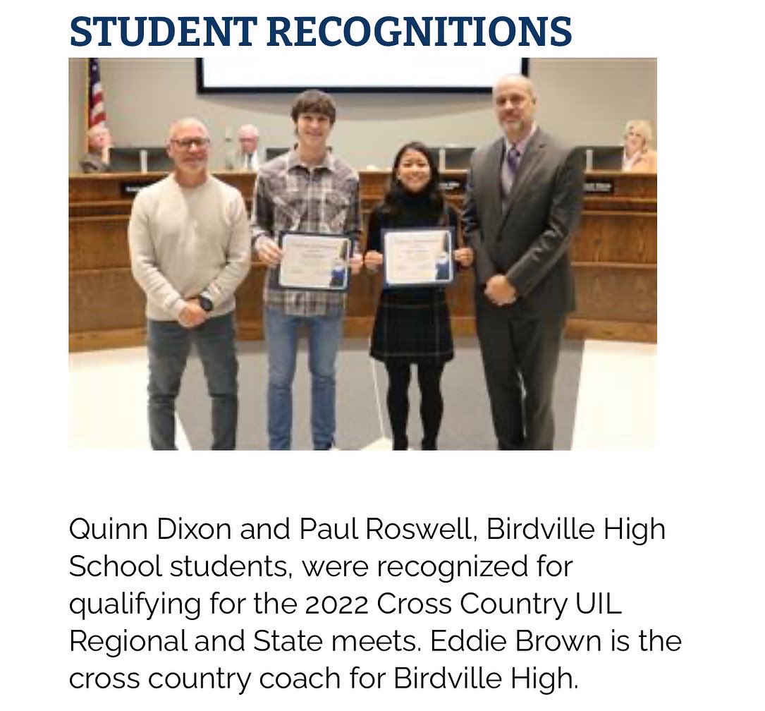 THANK YOU to the BISD Board, Dr. Stinson, Coach Norton, and Mr. Wells for recognizing these amazing kiddos at last night’s school board meeting. We are so proud of both Quinn &amp; Paul on their outstanding XC season!!! #gohawks <a href="/Birdville_High/">Birdville High</a> <a href="/BSN4211/">Barry Norton</a> <a href="/BirdvilleISD/">Birdville ISD</a> <a href="/drgaylestinson/">Gayle Stinson</a>