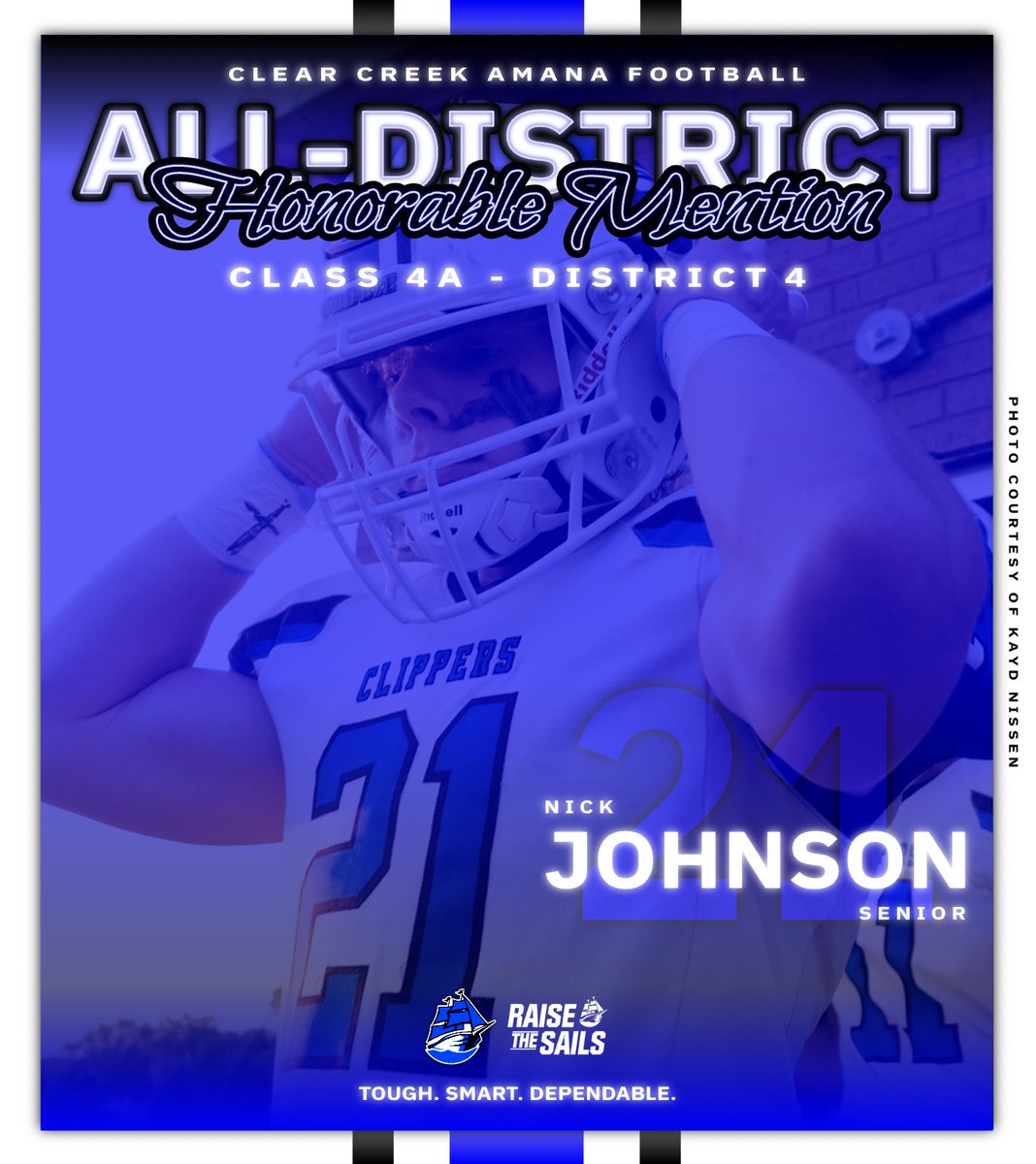 𝙉𝙞𝙘𝙠 𝙅𝙤𝙝𝙣𝙨𝙤𝙣 - Sr.
≫ Honorable Mention All-District

Congrats, 2️⃣1️⃣ 👏

🔵🏈⚪️

#TSD // #RaiseTheSails