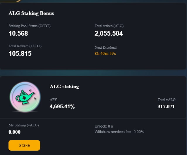 The more ALG you hold, the more dividends you own.

🚨Attention,ALG holders! Did you know that you can  staking to earn USDT from dividends pool?

Now you know! Stake away and earn more! 👇
aldbet.com/#/finance/gov

#aldbet #ALG  #DeFi  #CRYPTOCASINO