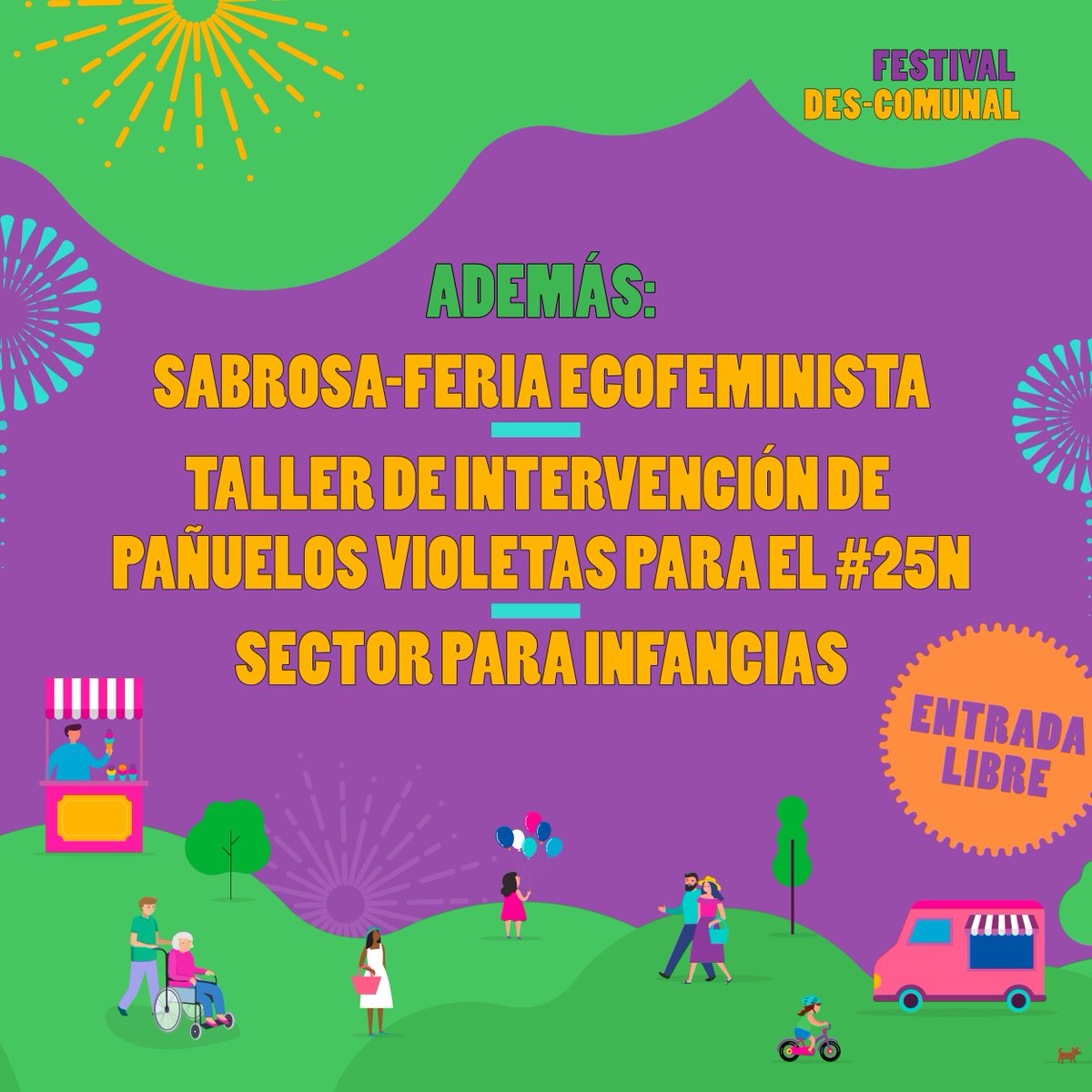 Municipiob's tweet photo. 🙌🏾 #HOY  los feminismos dirán presente en el   #FestivalDescomunal en el B ⚡️

✊🏿Taller de intervención de pañuelos violetas para el #25N a cargo de @ruidouy
 
👧🏿Sector para infancias
💜Sabrosa - Feria Ecofeminista y Alternativa
¡Te esperamos!
🔗 + info: https://t.co/dfNhJgR5kO https://t.co/qGfsoakVrj