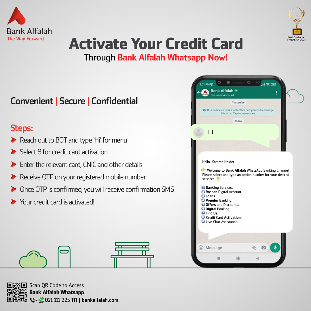 BankAlfalahPAK's tweet photo. Skip the in-call queues and activate your Bank Alfalah Credit Card now by following few steps on your WhatsApp.
For more information, please visit https://t.co/5ogh2w1kBo or Whatsapp us at 021-111-225-111.
#BankAlfalah #WhatsappBanking #CardActivation #TheWayForward https://t.co/F9W4t9urFp