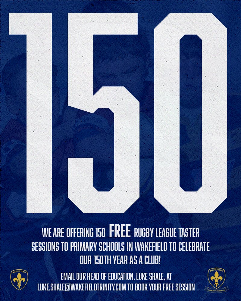 ⭐️ 𝟏𝟓𝟎 𝐘𝐞𝐚𝐫𝐬
⭐️ 𝟏𝟓𝟎 𝐒𝐞𝐬𝐬𝐢𝐨𝐧𝐬

To celebrate our 150th year as a club, our Rugby League department will be offering 150 FREE taster sessions to Primary Schools in the Wakefield District! 🏉

📧 Get in touch using the details below to book your free session!