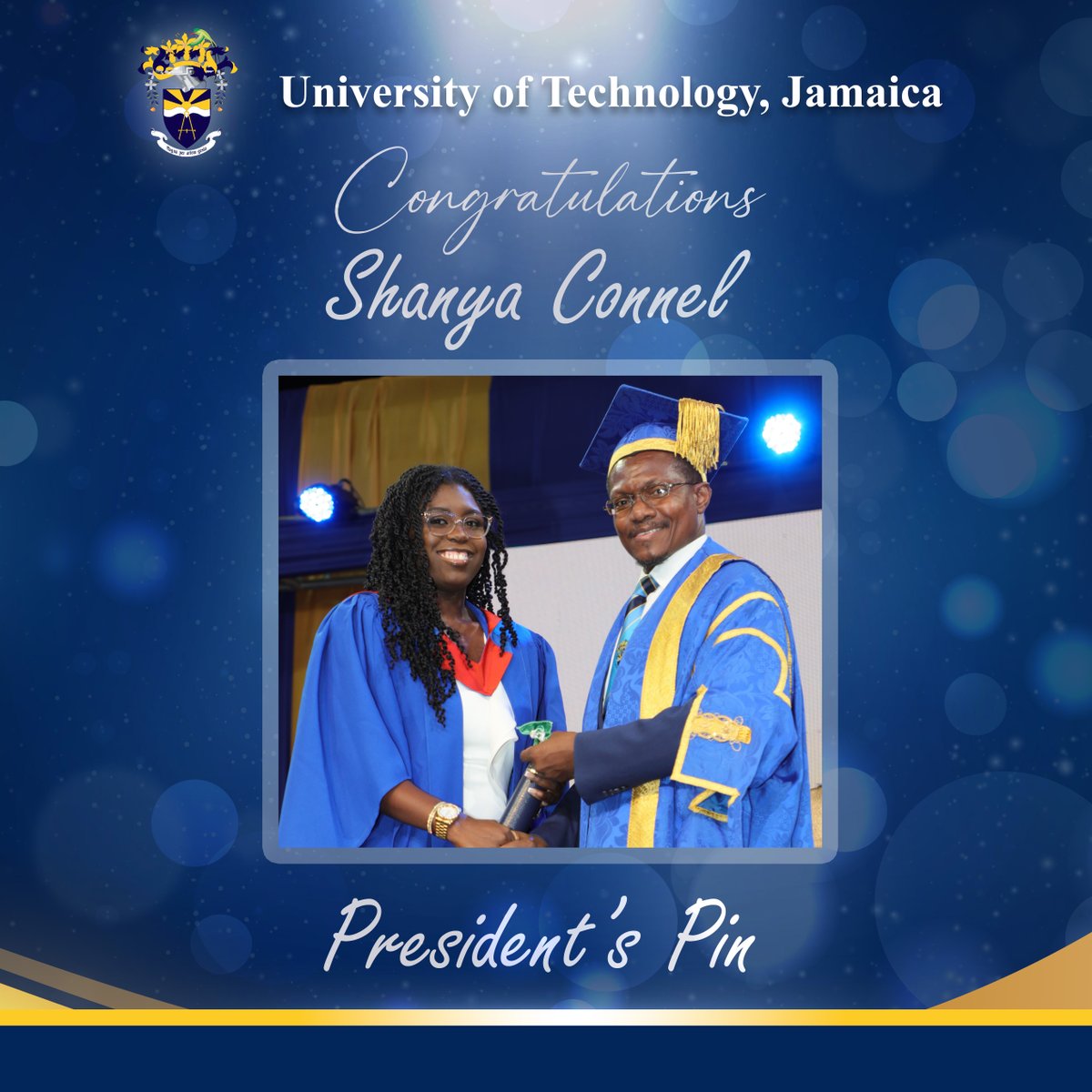 In addition to receiving the Edward Seaga Award, Shanya Connel was also a recipient of the President's Pin. 

To be eligible, the student must attain qualifications of a grade 'A' and a GPA of at least 3.80 at the end of each academic year. 

#UTechJa
#KnightsClassof2022