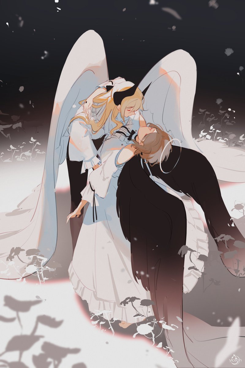 dress multiple girls white dress 2girls wings blonde hair angel  illustration images
