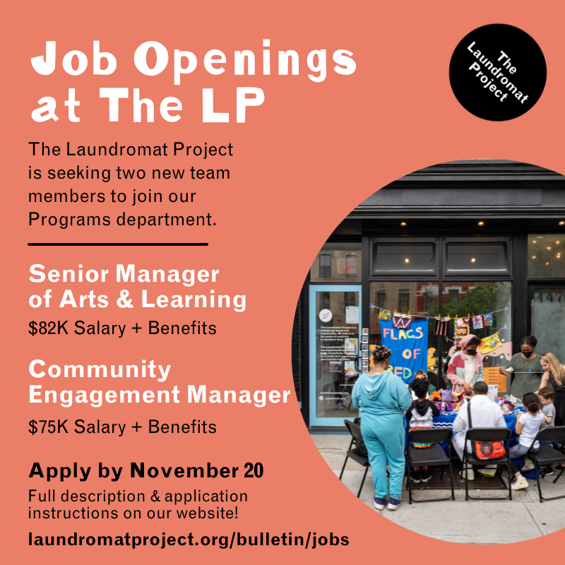 LaundromatProj's tweet photo. It’s the final weekend to apply to our Senior Manager of Arts &amp; Learning and Community Engagement Manager positions! Deadline is Sunday, 11/20 for these two full-time roles. Visit https://t.co/kOqpOZXAKT for full descriptions and application instructions. https://t.co/m3mULYaoNy