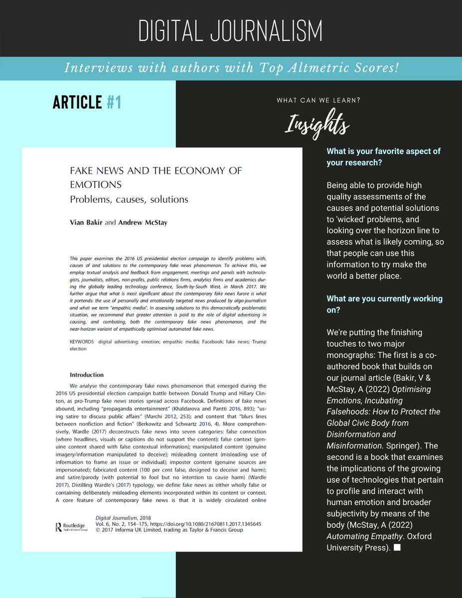 djeditorialteam's tweet photo. #1
This is the article with the highest #AltmetricScore! Thanks to its impressive impact on news, social media, Wikipedia..., it's definitely a top article. Read the insights from the authors, @VianBakir1 & @digi_ad.
Fake News and The Economy of Emotions
https://t.co/ng5GVdOt0f https://t.co/5eFFg8cZqI