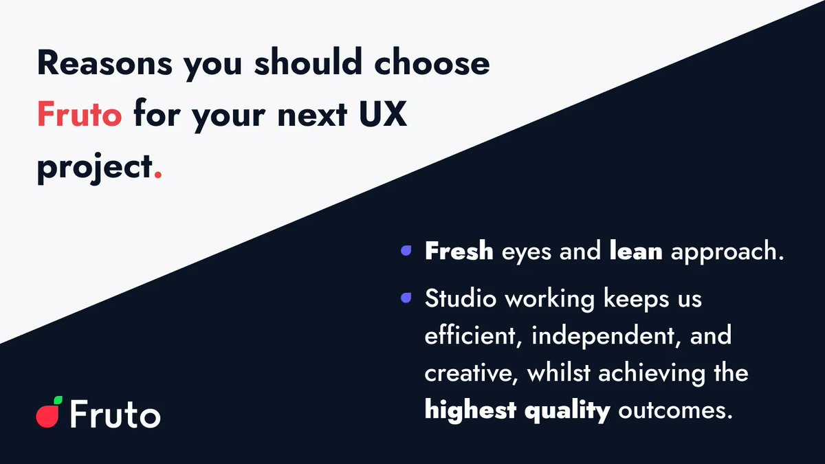 frutodesignuk's tweet image. Just some of the reasons you should choose Fruto for your next UX project: 
Get in touch for more info on how we can help. hello@frutostudio.co.uk
#UXDesign #UX #UXWebDesign #OxfordUX