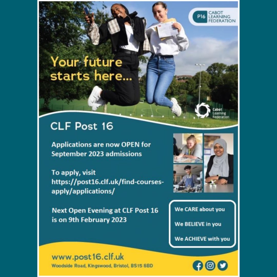 CLFPost16's tweet photo. Please apply through our website, or via this link: https://t.co/YvBD9yNnuV, for September 2023 admissions. 🥳

Also, add our next Open Evening in your diaries! ✅

#CLFP16 #APPLYNOW! https://t.co/Jm8k5nLn4z