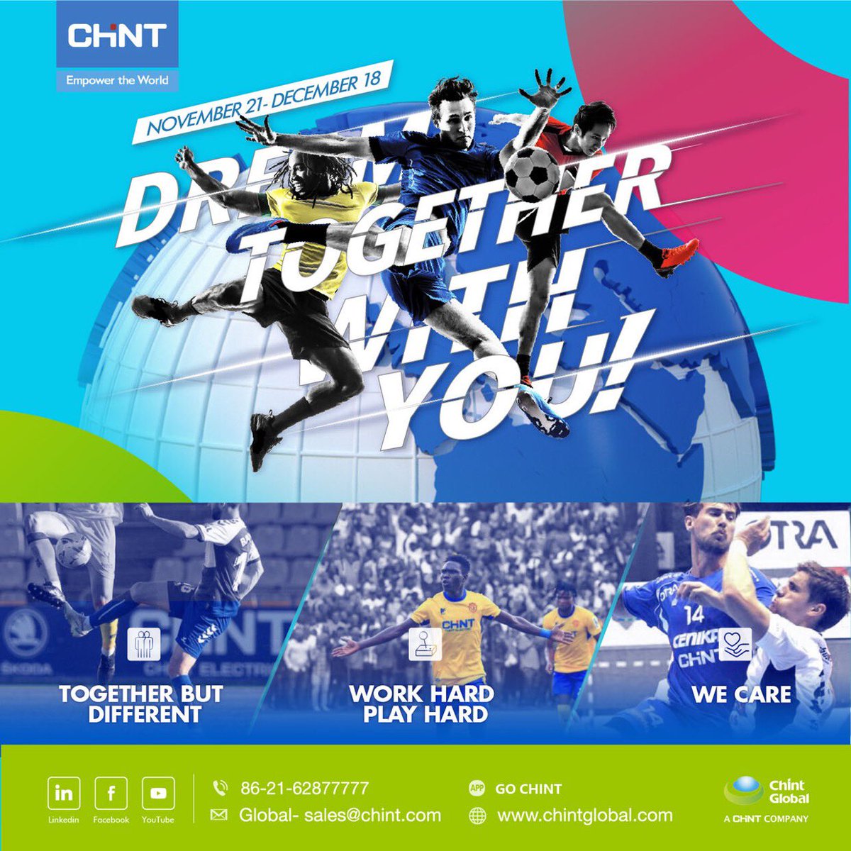 ¡Estamos a tres días!
Disfrutemos de la Copa del Mundo y persigamos nuestros sueños juntos.

¡Ven y únete a nuestra campaña "Dream Together with You"! Síguenos y mantente actualizado con las últimas novedades de CHINT. 
#ConoceElPoderDeChint #ChintMexico