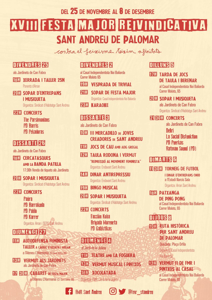 🎉 I per fi, tal com us vam prometre... 🥁🥁🥁 El cartellàs amb tota la programació de la Festa Major Reivindicativa d'enguany!!! 🎉

Estàs llesta pel mercadillo? 👕 I pel torneig de ping-pong?🏓Nosaltres no podem esperar més! Ens veiem a la #FMR2022? 🤩