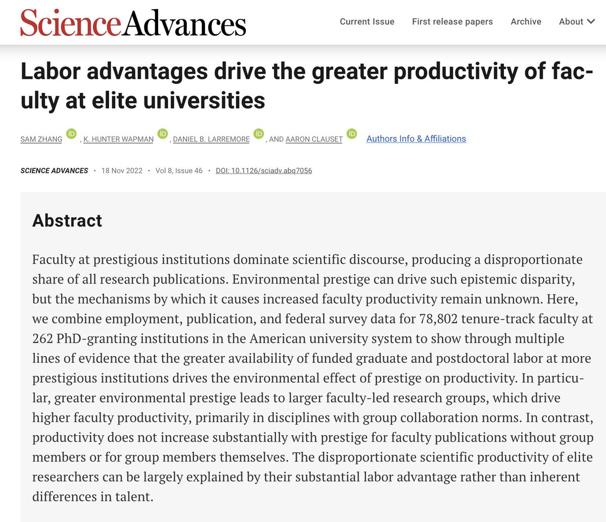 Sam Zhang is logged off (@_szhang) on Twitter photo 1/ Excited to share our new paper "Labor advantages drive the greater productivity of faculty at elite universities" in <a href="/ScienceAdvances/">Science Advances</a> with <a href="/hneutr/">Hunter Wapman</a> @danlarremore <a href="/aaronclauset/">@aaronclauset.bsky.social</a>: scim.ag/AV
Why do faculty publication rates increase so much with prestige? Let’s go:🧵 1/ Excited to share our new paper "Labor advantages drive the greater productivity of faculty at elite universities" in <a href="/ScienceAdvances/">Science Advances</a> with <a href="/hneutr/">Hunter Wapman</a> @danlarremore <a href="/aaronclauset/">@aaronclauset.bsky.social</a>: scim.ag/AV
Why do faculty publication rates increase so much with prestige? Let’s go:🧵