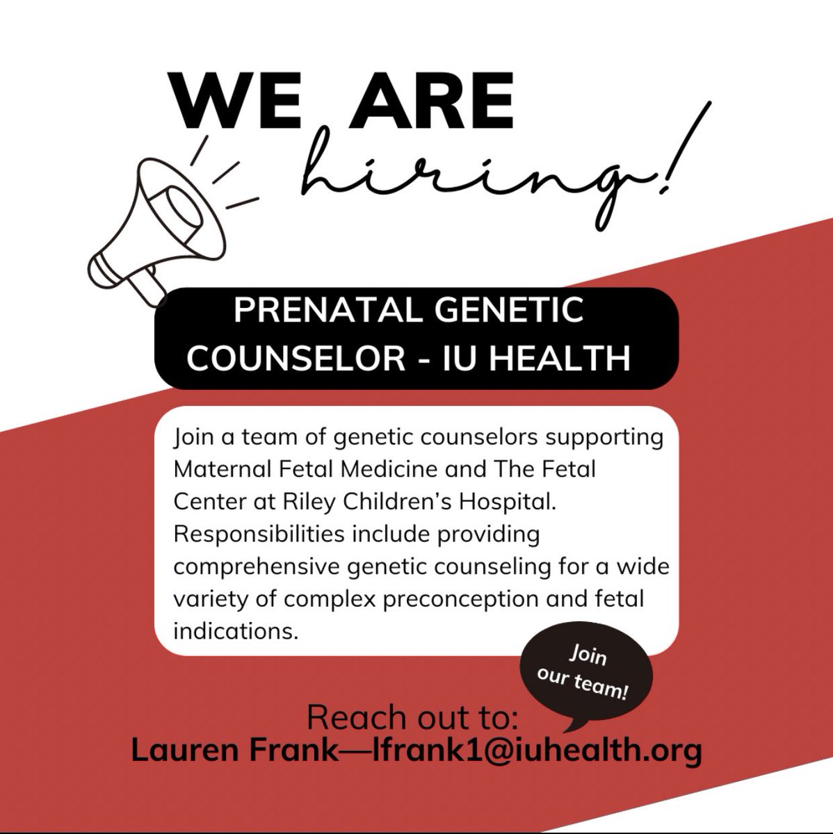 Join our team!! Calling all prospective graduates and seasoned GCs, we are hiring a new GC at the IU Health Prenatal clinic! Interested? We would love to chat with you at NSGC! #GeneChatJobs #NSGC22 #GeneChat