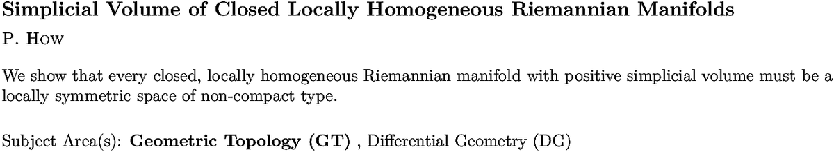 arxiv.org/abs/2211.09177…
P How
Simplicial Volume of Closed Locally Homogeneous Riemannian Manifolds