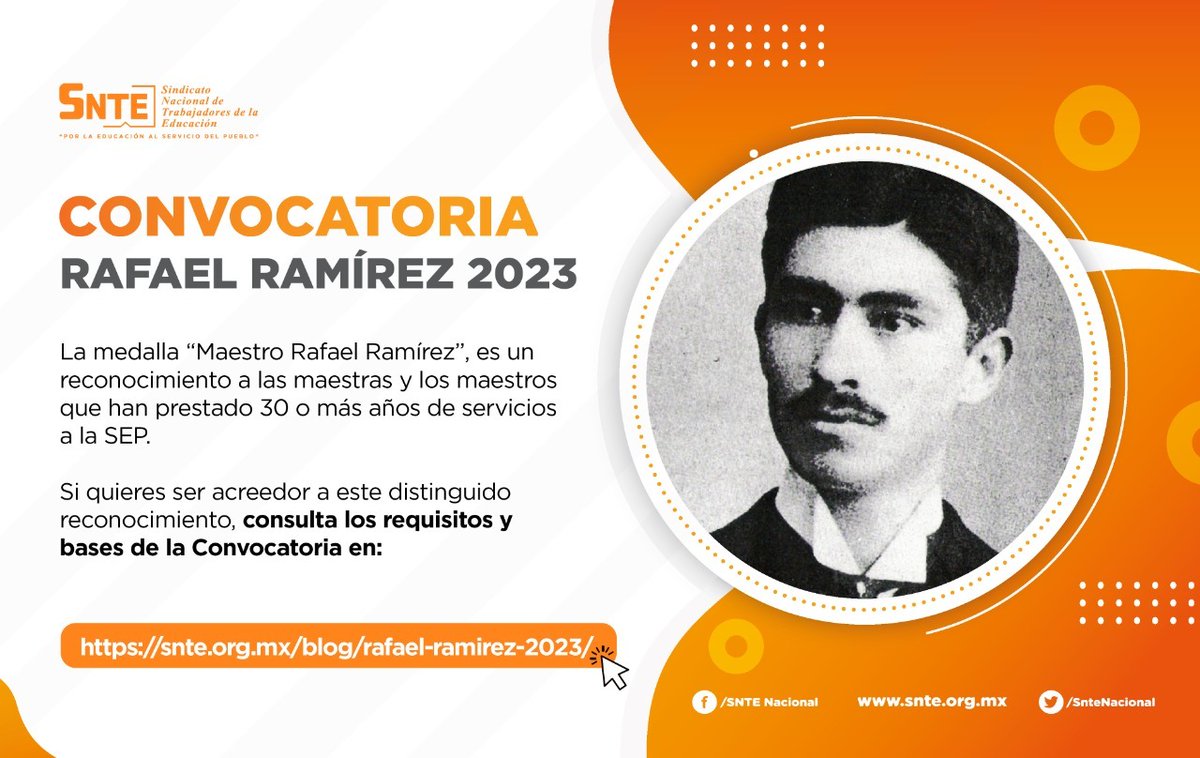 #SNTEconMéxico 👩‍🏫🇲🇽👨‍🏫

🔴 Maestr@s con 30 o más años de servicio, y jubilados que los acrediten al día de su retiro pueden ser acreedores a la Medalla ᴍᴀᴇꜱᴛʀᴏ ʀᴀꜰᴀᴇʟ ʀᴀᴍÍʀᴇᴢ 🏅 en reconocimiento a su labor.
👉Consulta las bases👇

Aquí 👉 bit.ly/3GoeyW6 🧑‍💻