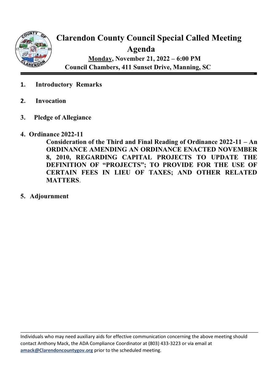 Clarendon County Council Special-Called Meeting will be held Monday, November 21, 2022, at 6:00 PM in the Clarendon Council Chambers located on 411 Sunset Drive, Manning, SC.