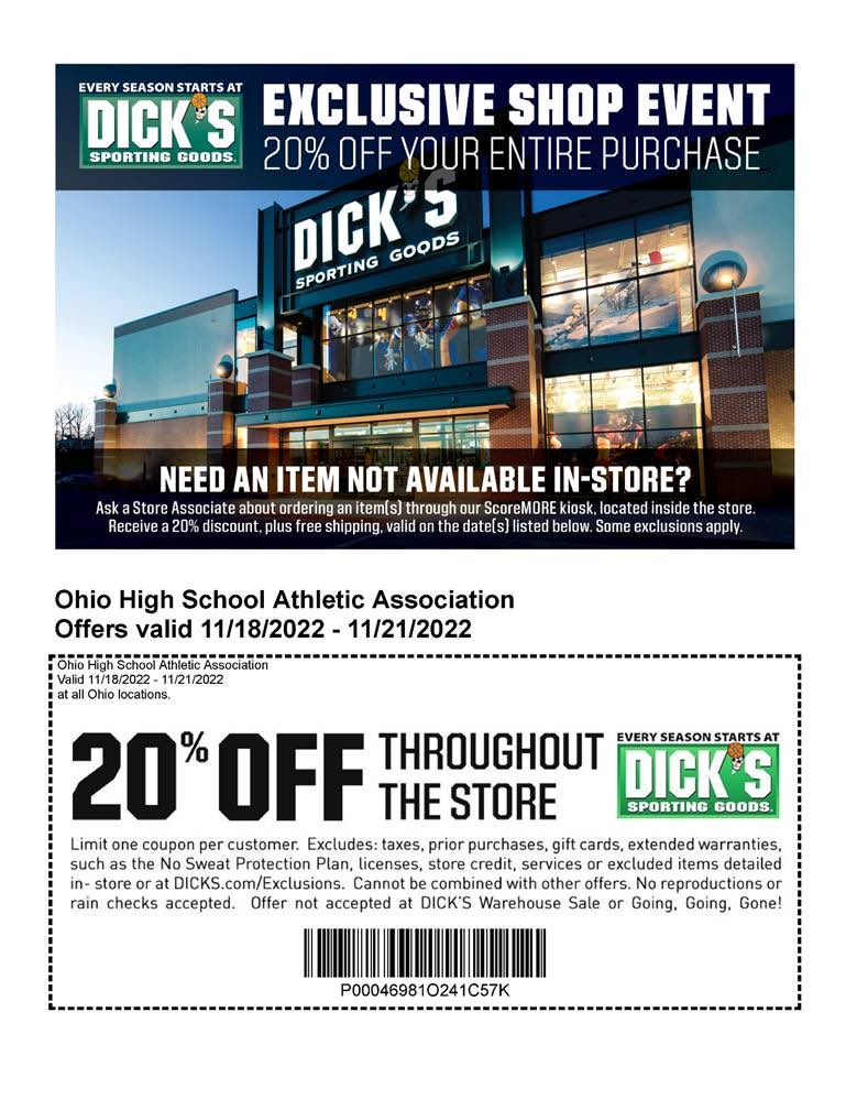 CJEaglesSports's tweet photo. OHSAA is offering a special discount weekend November 18th-21st at all Ohio Dicks Sporting Goods locations. This is a great opportunity to gear up for the season at a discounted rate, and also to do some early holiday shopping. https://t.co/tVjRnTUmKp