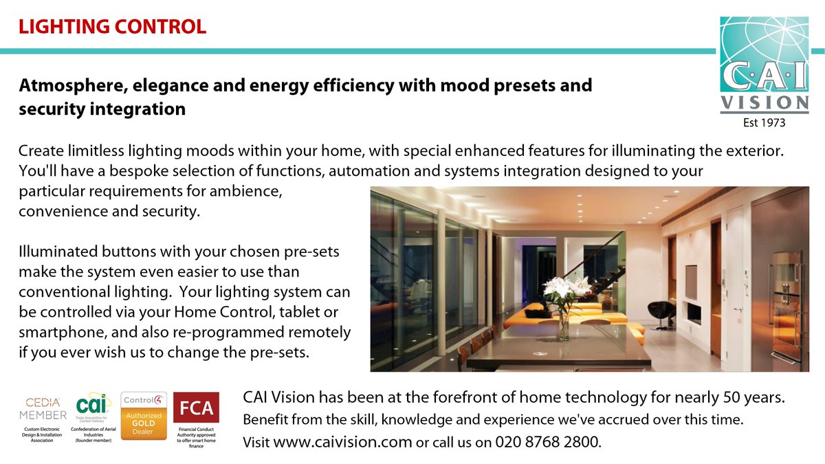 Atmosphere, elegance and energy efficiency ... create limitless lighting moods within your home with our home automation systems.

caivision.com

#homeautomation #dulwich #crystalpalace #london #kent #surrey #sussex