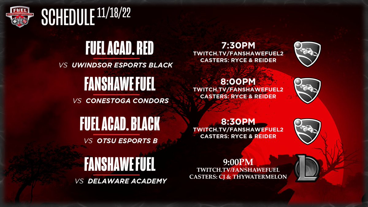 Game day! On twitch.tv/fanshawefuel2, starting at 730, RL Fuel Academy Red is playing UWindsor Black. Then, at 8, RL Fuel is vs Conestoga Condors. Then, RL Academy Black vs at 830 against OTSU B.
To end the night, on twitch.tv/fanshawefuel @ 9 Fuel LoL plays Delaware ACAD.
GLHF.