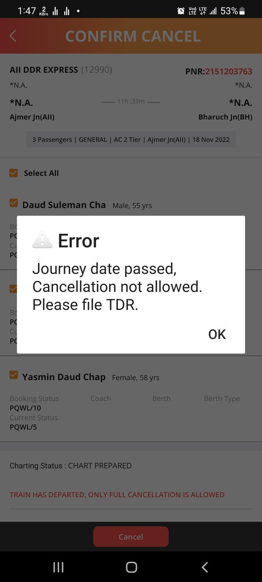 JunedChapti's tweet photo. @RailwaySeva @RailMinIndia @IRCTCofficial my train was not confirmed till end was pqwl3/4/5 on PNR2151203763when I tried to cancel booking before 30 mints it was not getting cancelled, now showing following error.Journey date passed, Cancellation not allowed. Please file TDR.

Bo https://t.co/xDMasoyr1E