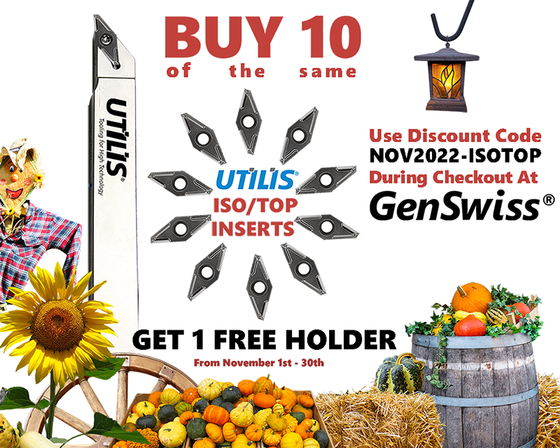 SwissType1's tweet photo. Feeling thankful? A free multidec® holder helps! Get a free standard holder when you buy 10 of the same Utilis ISO or TOP series inserts from GenSwiss through November. Visit https://t.co/7z0FRPZ4LE or call 1-413-562-4800 and use code NOV2022-ISOTOP to take advantage of the deal! https://t.co/dEN9y4zaUP