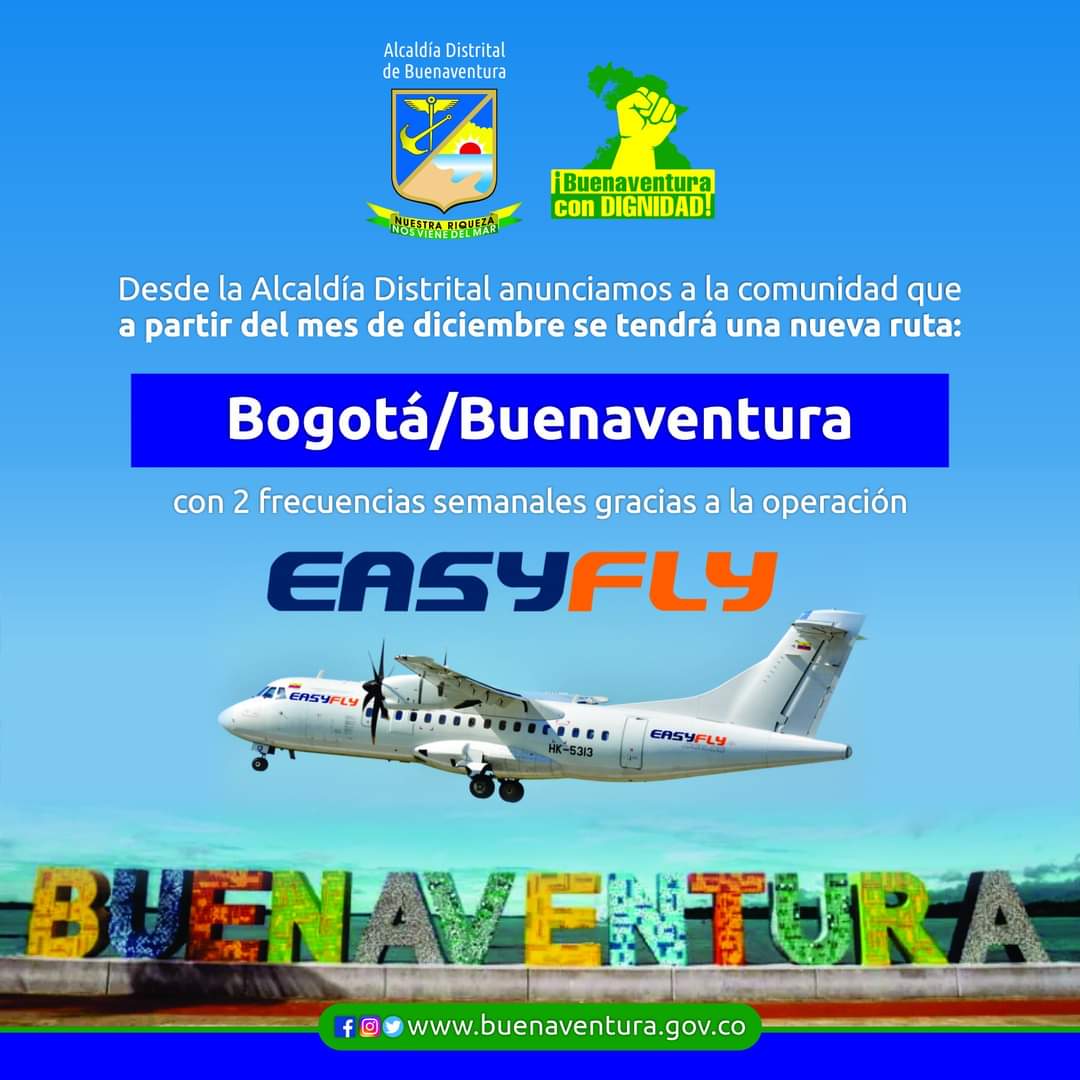 #BuenasNoticias ||⬇️

Seguimos conectándonos con todo los destinos✈️, en esta oportunidad la ruta: Bogotá/Buenaventura, llegará a partir del 03 de diciembre.

Serán 2⃣ frecuencias semanales con la operación de línea #EasyFly, los sábados y lunes📍

#BuenaventuraConDignidad