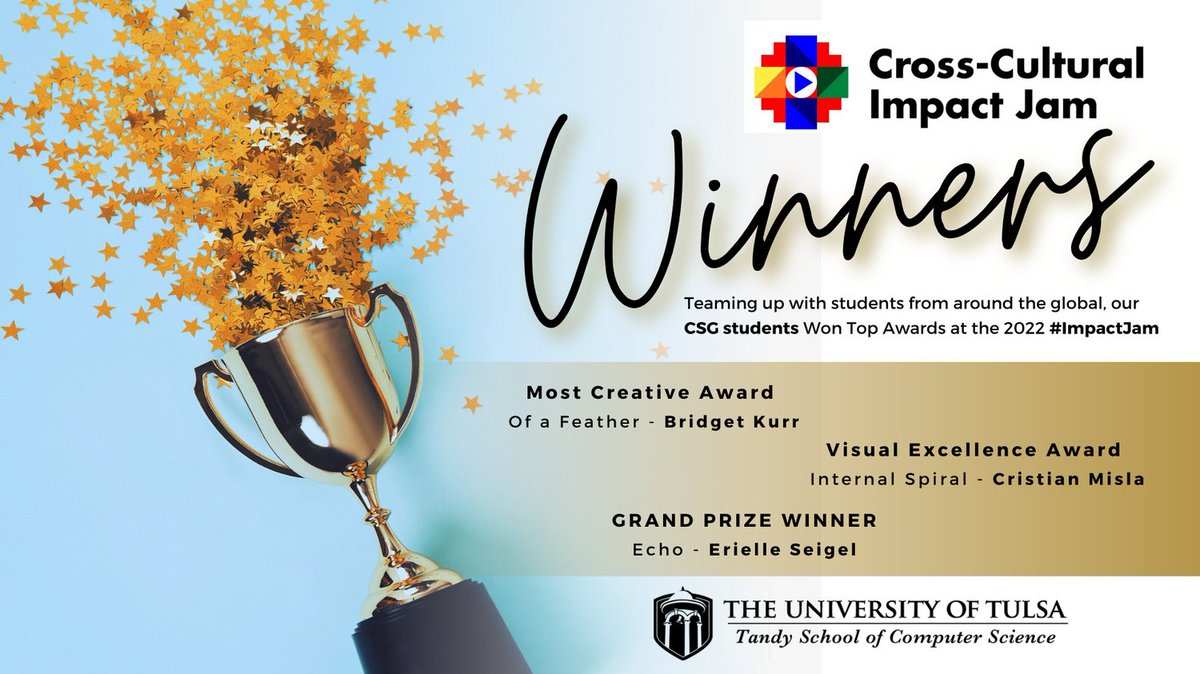 utulsacompsci's tweet photo. Teaming up with students around the global our @utulsa #ComputerSimulation & #Gaming (#CSG) Won Top Awards at the @G4C 2020 #ImpactJam!
Our student Winners include Bridget Kurr, Cristian Misla and Erielle Seigel. https://t.co/41GrWZVOeb