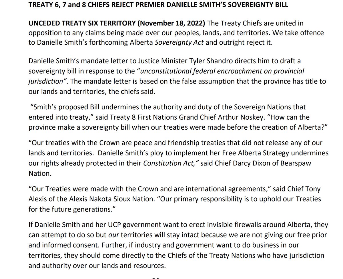 BREAKING: 

Alberta's Treaty 6, 7 and 8 issue statement against Premier Danielle Smith's proposed Sovereignty Act, saying they take offence to it and outright reject it. 

#Yeg #Yyc #ableg