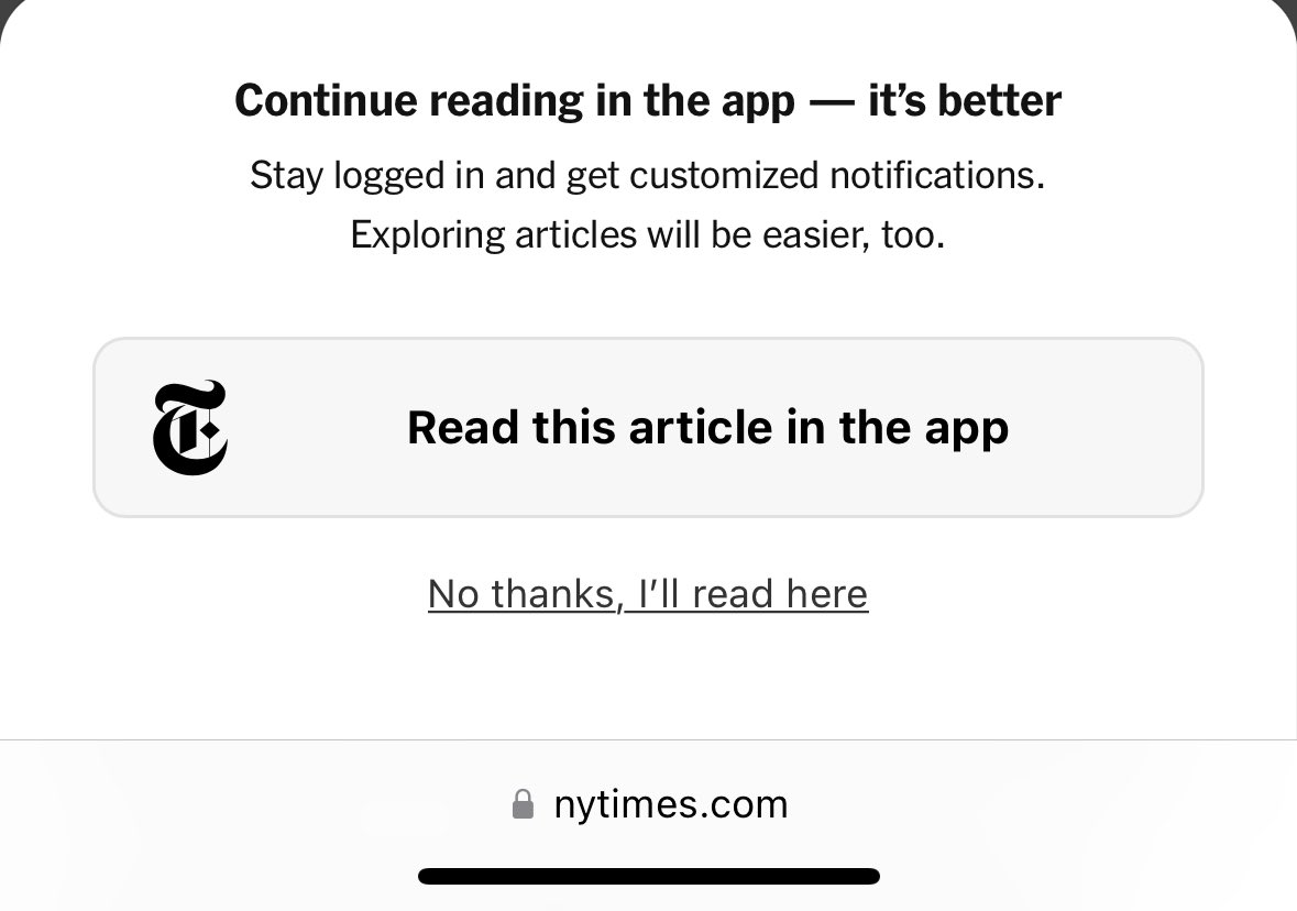 seldo's tweet image. Jesus Christ @nytimes I pay for a fucking subscription to your website, I am logged in, you know that I have seen this notice a thousand times and never wanted to use the fucking app, stop showing me the popup.