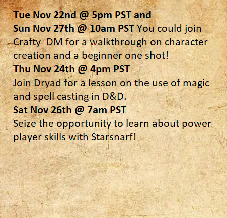Nat20Academy's tweet photo. Come check out our classes this week! Join our Discord https://t.co/TCJg2fuPfc and message the instructor. We'd love to have you join our community!
#Nat20Academy #ttrpg #dnd5e #dnd https://t.co/1EatseDYjT