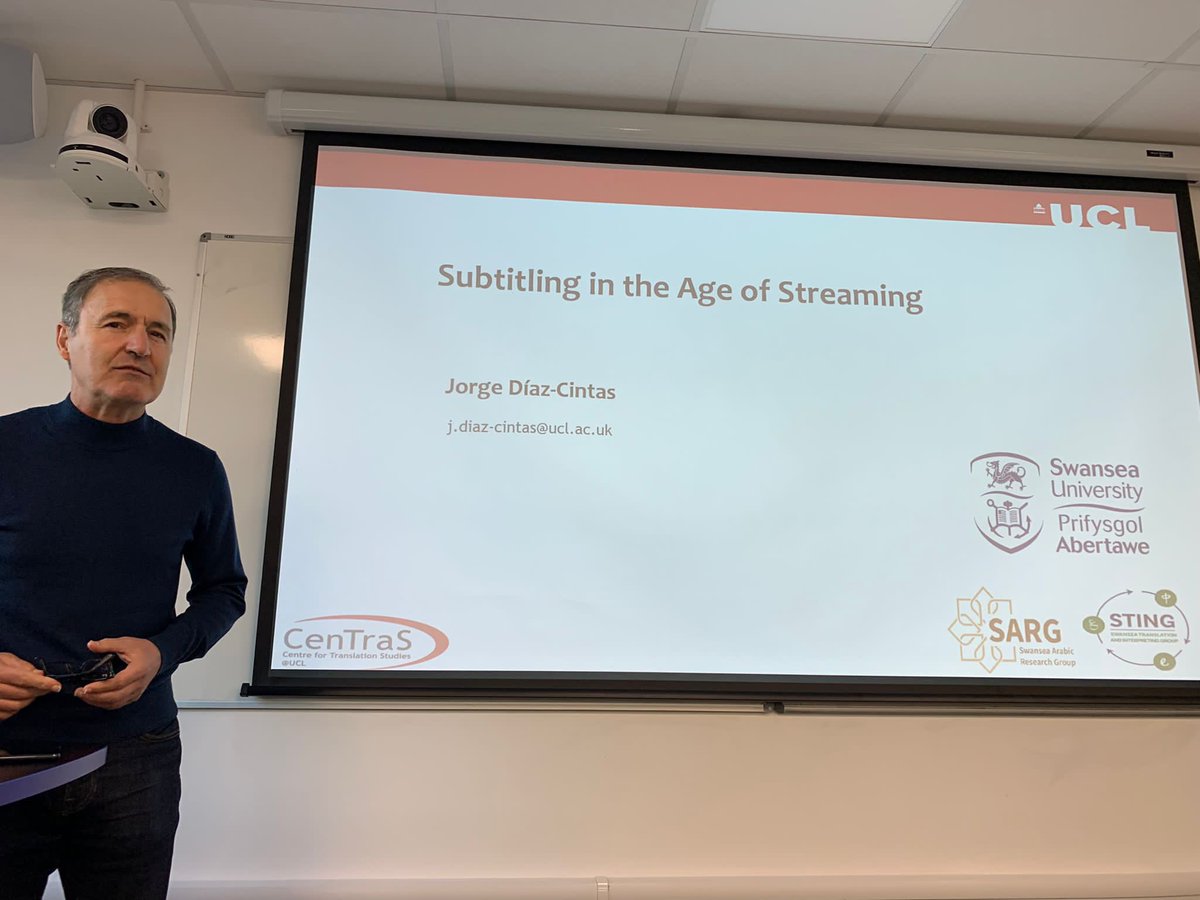 SARG_Swansea's tweet photo. Professor Diaz-Cintas talking at #SwanseaUni today. Follow us on YouTube to see this fascinating talk. https://t.co/FbebHtxXGB @SwanseaPostgrad @SalwaElawa  @STINGSwansea @YaleTranslation @maalbarakati @WaleedBleyhesh @ctismanchester #translation #audiovisual #subtitled https://t.co/S7F3uu9fKt