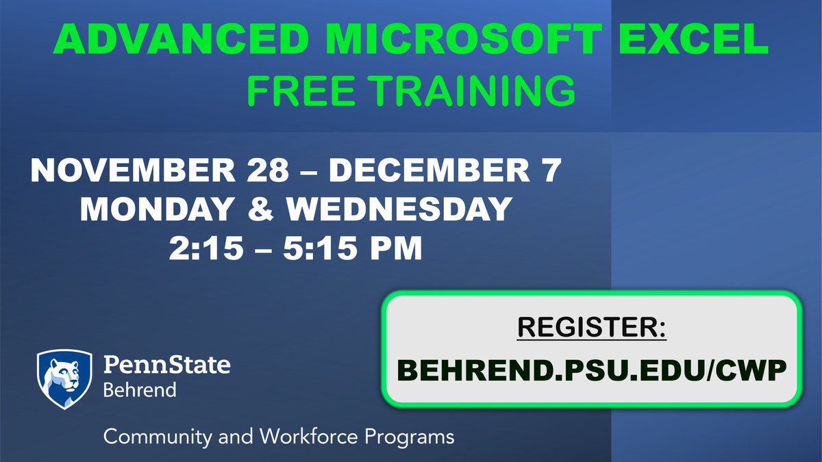 BehrendCWP's tweet photo. Ready to become an EXCEL NINJA? Behrend has FREE, ADVANCED Excel Training soon. Learn how to use those adv. features &amp; fix that busted spreadsheet you inherited. 
Class starts Nov 28

Contact Ryan Parker
rjp249@psu.edu or (814) 898-6515
Registration Form https://t.co/EhA3Rl3H8d https://t.co/zEZtlPrFp0
