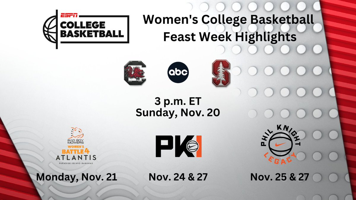 ESPN PR (@espnpr) on Twitter photo Check out 2022 Feast Week presented by Lowe's across ESPN platforms
Women's college basketball highlights include:
π No. 1 <a href="/GamecockWBB/">South Carolina Women's Basketball</a> vs No. 2 <a href="/StanfordWBB/">Stanford WBB π²π</a>
π #Battle4Atlantis
π PKI & Phil Knight Legacy
Details: bit.ly/3GKMYCL Check out 2022 Feast Week presented by Lowe's across ESPN platforms
Women's college basketball highlights include:
π No. 1 <a href="/GamecockWBB/">South Carolina Women's Basketball</a> vs No. 2 <a href="/StanfordWBB/">Stanford WBB π²π</a>
π #Battle4Atlantis
π PKI & Phil Knight Legacy
Details: bit.ly/3GKMYCL