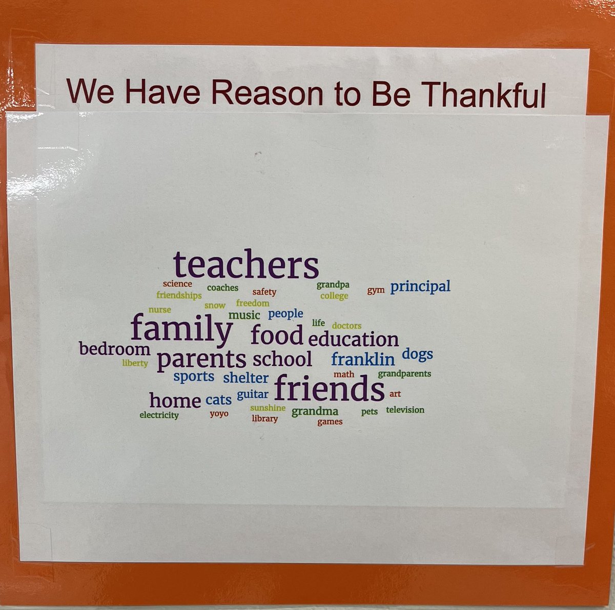 FRANKLIN THANKFUL

I enjoyed meeting with all 5th grade students ⁦<a href="/LPSFranklinElem/">Franklin Elementary</a>⁩ to discuss the things &amp; people for which we are thankful. We created a word cloud. TEACHERS &amp; FRIENDS were most common responses and appear largest in the word cloud ⁦<a href="/LIBERTYSCHOOLS/">LPS53</a>⁩