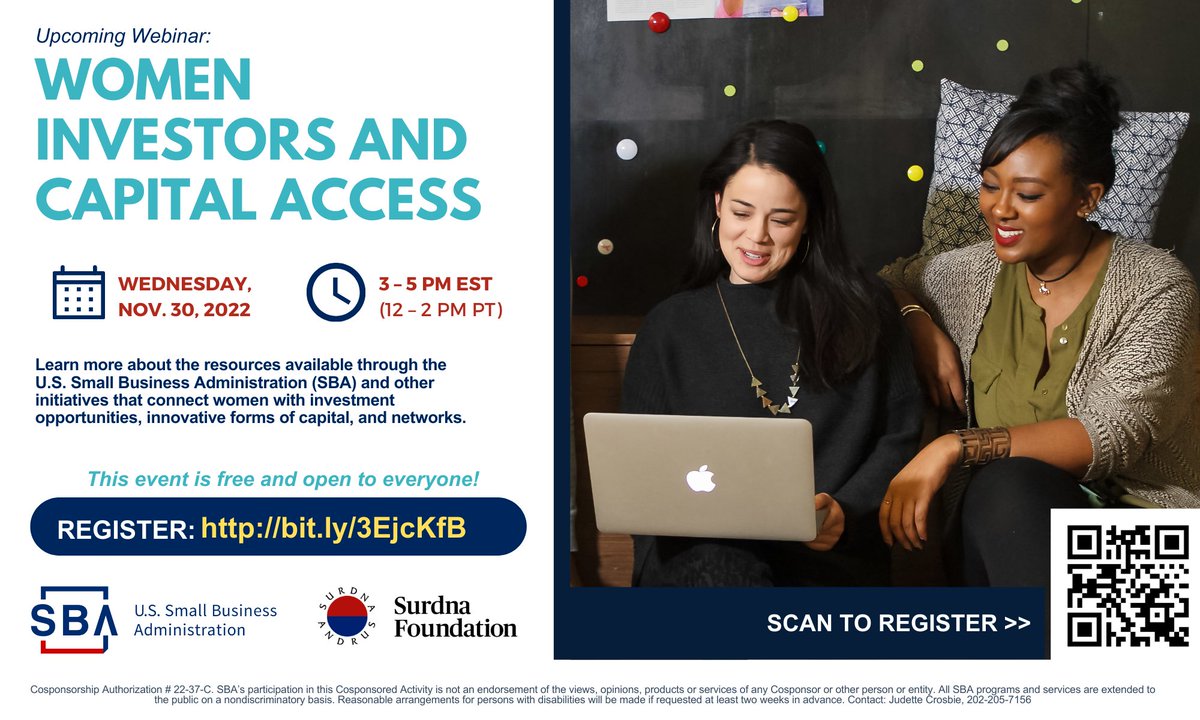 🗓️Save the date! Join Surdna's #InclusiveEconomies team and <a href="/SBAgov/">SBA</a> on Wednesday, November 30 at 3 PM EST (12 PM PT) for a conversation about how women can better access capital and investment opportunities. 

Register to save your spot: bit.ly/3EjcKfB