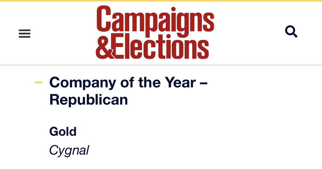 Huge congrats to the <a href="/cygnal/">Cygnal Polling & Analytics</a> team for winning Republican Company of the Year in <a href="/C_and_E/">Campaigns & Elections</a>’s 2022 Campaign Tech awards! campaignsandelections.com/awards/campaig…