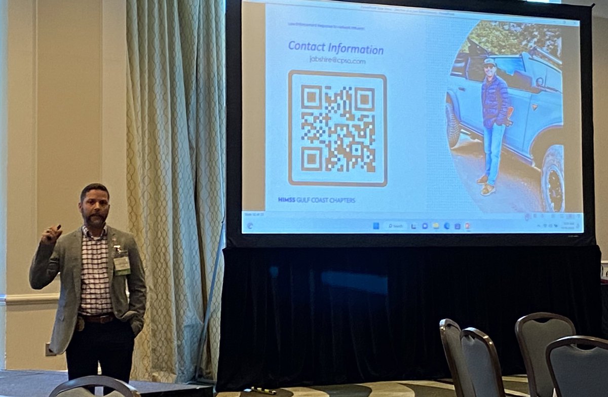 lahimss's tweet photo. HIMSS GC3 2022. Friday morning session: Louisiana State Police Cyber Crimes Unit is sharing stories and advice about network intrusion and the importance of involving law enforcement as part of your security planning.  Thank you for all you do. #GC3HIMSS22 https://t.co/FV8qL1UVve