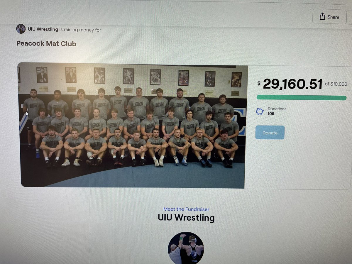 UIU_Wrestling's tweet photo. WE did it! So humbled by the generosity of our Wrestling faithful! Finished as TOP team raising $29,160.51 (1,250bonus) total $30,410.51.Another example of what people think about @UIU_Wrestling &amp; the individuals in it! I’ll put us up vs ANYONE! @smswanson40 u rock! @UIUPeacocks https://t.co/NlWVq93vQu
