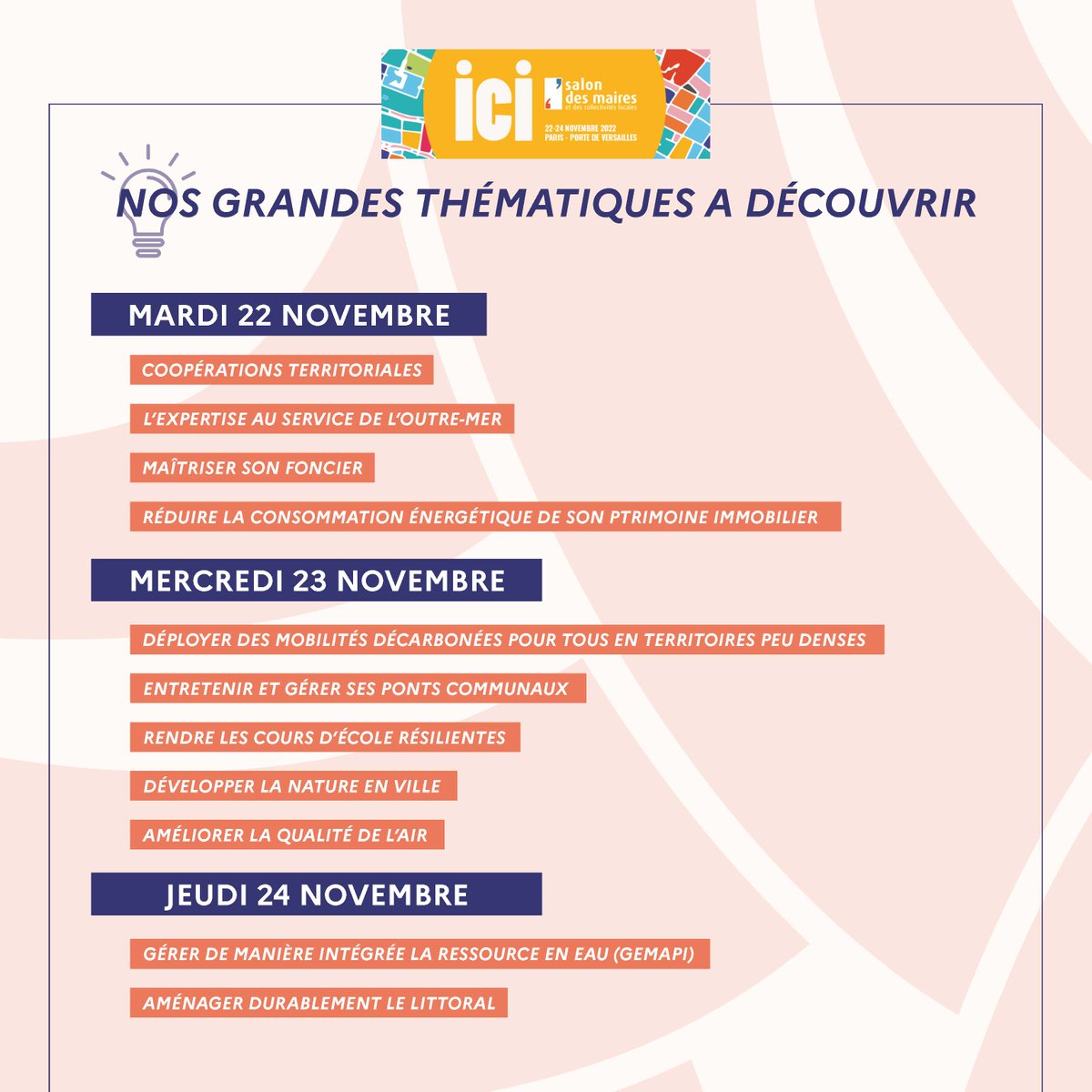 CeremaCom's tweet photo. ✨ Le Cerema au @salondesmaires 
Préparez sereinement votre venue au #SMCL2022 en retrouvant notre programme pour les 3 jours : 
- des temps d'échanges privilégiés
- 9 interventions 
- des signatures de conventions
📍 Hall 4 - C18 
Programme en détails : https://t.co/XIsM5B5cbB https://t.co/8mEf4zsME2