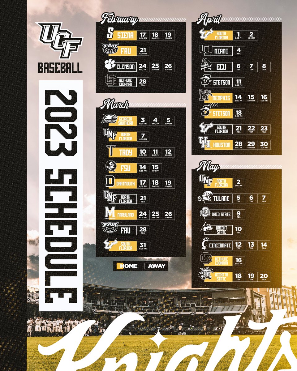 UCF_Baseball's tweet photo. We’re ready to get going in 2023!

Our schedule is here! We’ll play 34 games at John Euliano Park! 😮‍💨 

🗞: https://t.co/qY5plyKtZC

#ChargeOn https://t.co/TwtLm75zGj