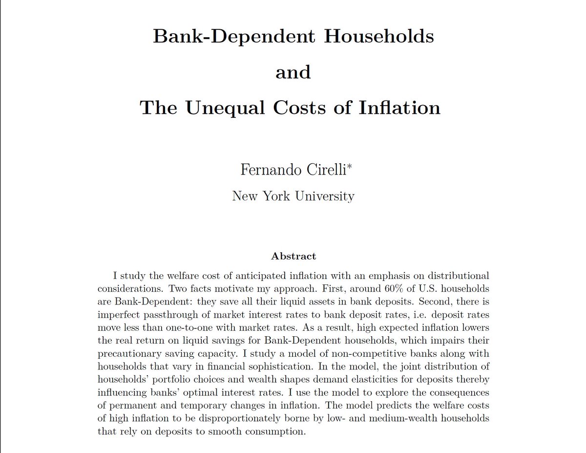 What makes inflation costly? Who bears these costs? In my JMP, I explore an understudied mechanism: Inflation impairs households’ ability to save for precautionary reasons How? Let’s take a look at households’ liquid assets portfolios #EconTwitter #Econjobmarket