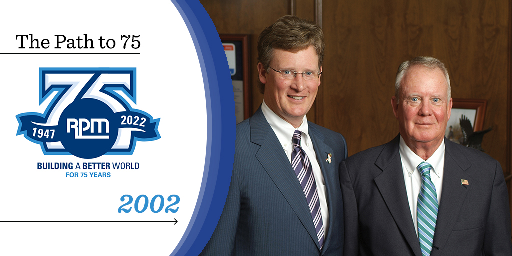 A Look Into Our Past: Following more than 30 years at the helm of RPM, Tom Sullivan and Jim Karman retired as executive officers of the company in 2002. During their tenure, net sales increased from $11 million to $2 billion.