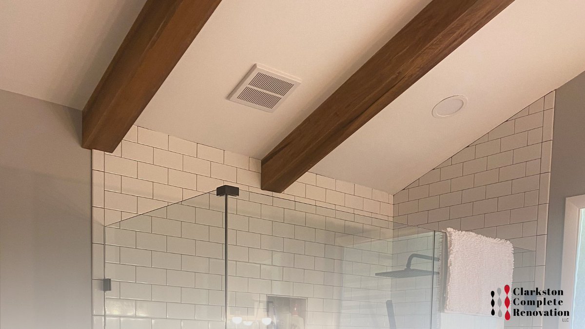 Exposed wooden beams are the perfect way to elevate any space—including your bathroom!

#beams #woodaccent #clarkstonmichigan #bathroomremodel