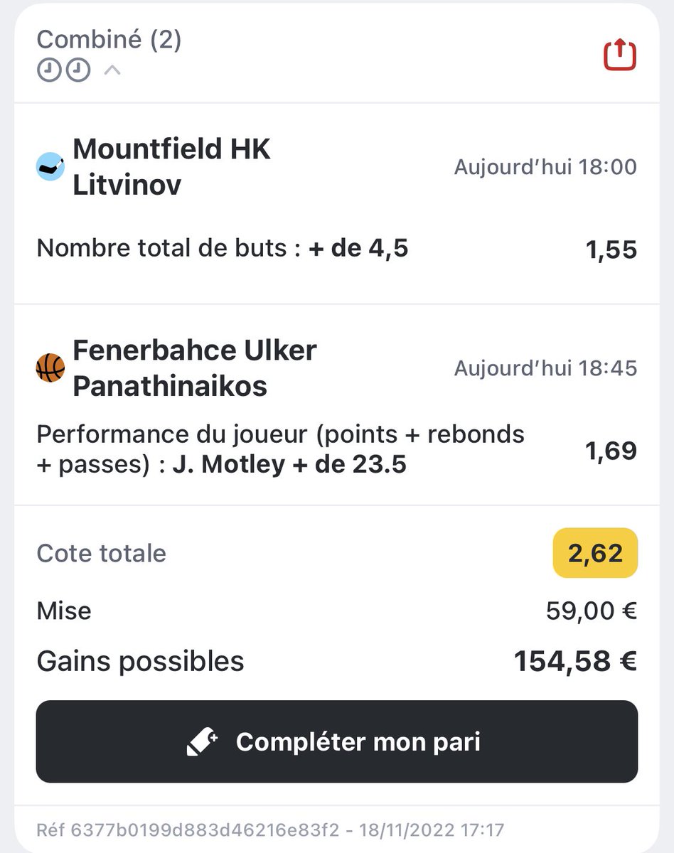 OcbPronos's tweet photo. 💈COMBINÉ 🏀 et 🏒 POUR AUJOURD’HUI QUE LA WIN ⚔️⬇️

📍EUROLIGUE🏀 18h45⚔️

📍Fenerbahce - Panathinaikos➡️
J.Motley +23.5 PPR➖1.69🔥🌪

📍EXTRALIGA🏒 18h00⚔️

📍Mountfield - Litvinov➡️ 
+4.5 buts➖1.55🔥🌪

Côte total 🟰2.62🔥💣

EN ESPÉRANT QUE LA WIN🤩✅✅ https://t.co/3smCEoX612