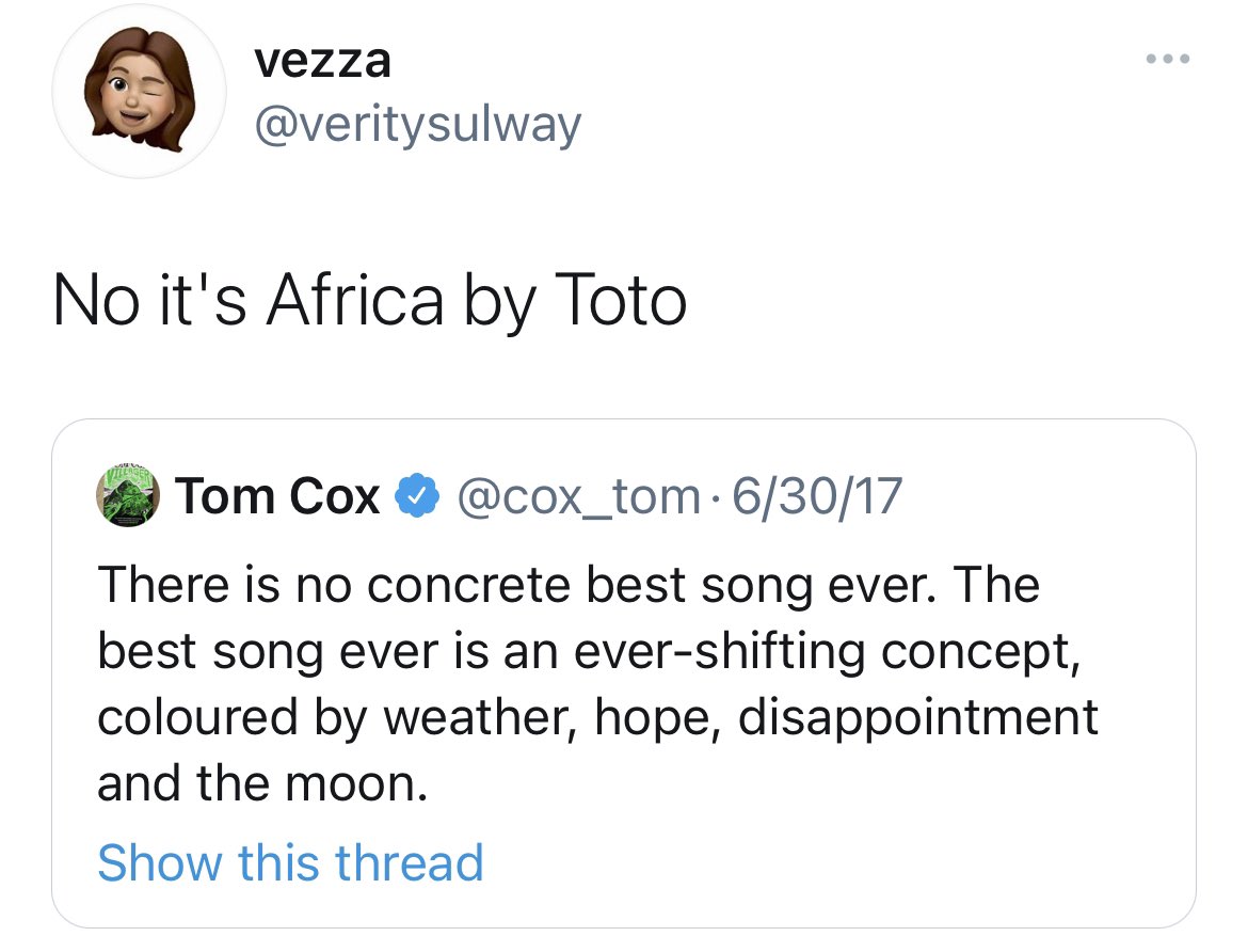 In our household we say, “No it’s Africa by Toto” when we disagree with something #FavoriteTweet