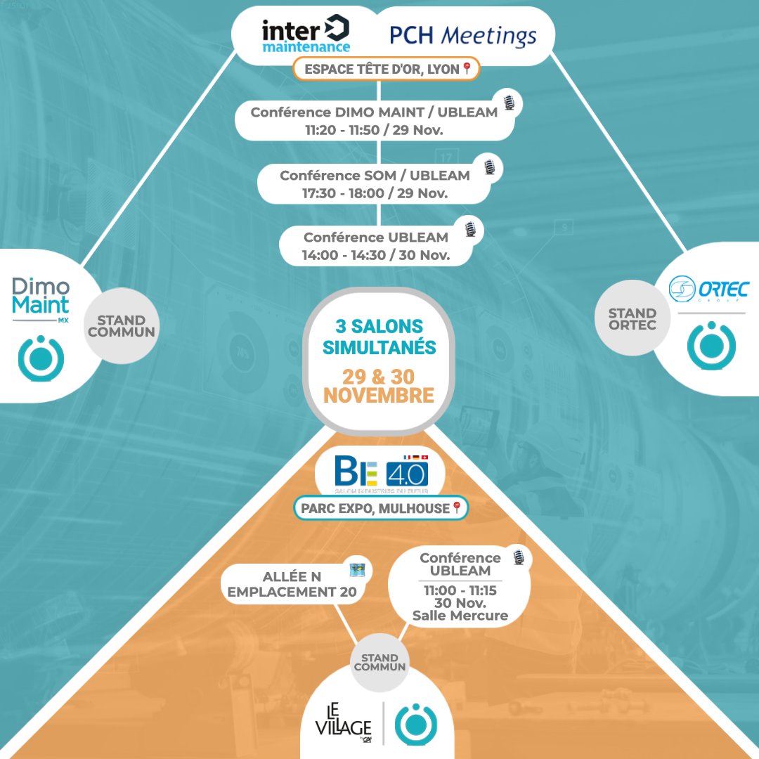 📣 À VOS AGENDAS ! 
 
Nous avons la joie de vous annoncer notre présence sur 3 salons le 29 et 30 Novembre 2022 ! 📆 

#Intermaintenance -> LYON (Espace Tête D'or)
#PCHMeetings -> LYON (Espace Tête D'or)
#BE40 -> MULHOUSE (Parc Expo)

#innovation #iot #industrie40 #salon