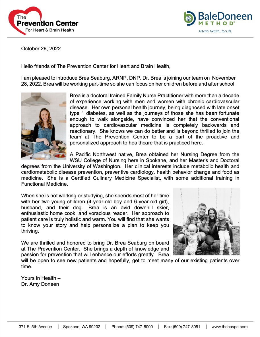 Please join us in welcoming a wonderful new member to our heart attack, stroke, dementia. and chronic disease prevention team: Brea Seaburg, ARNP, DNP.